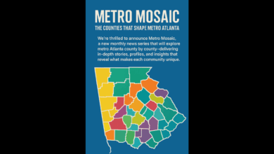 Map showing grouped counties with color-coded regions to indicate different feature groups in the Metro Mosaic series.
