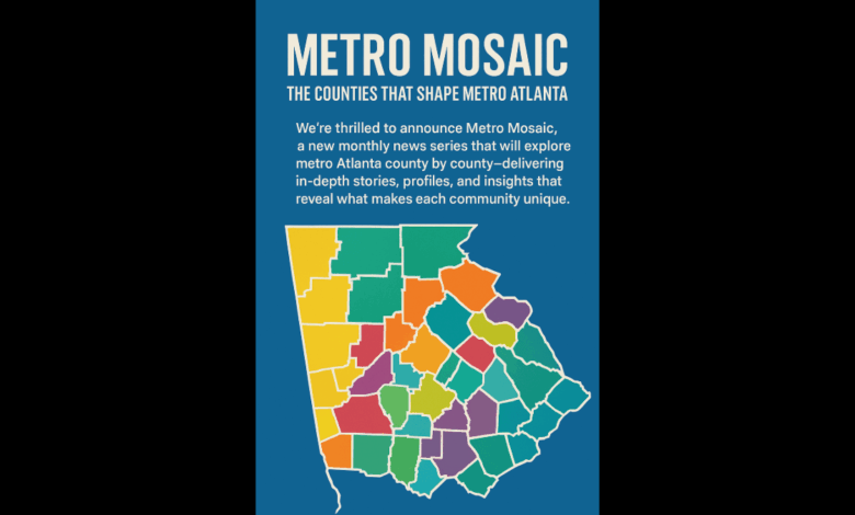 Map showing grouped counties with color-coded regions to indicate different feature groups in the Metro Mosaic series.