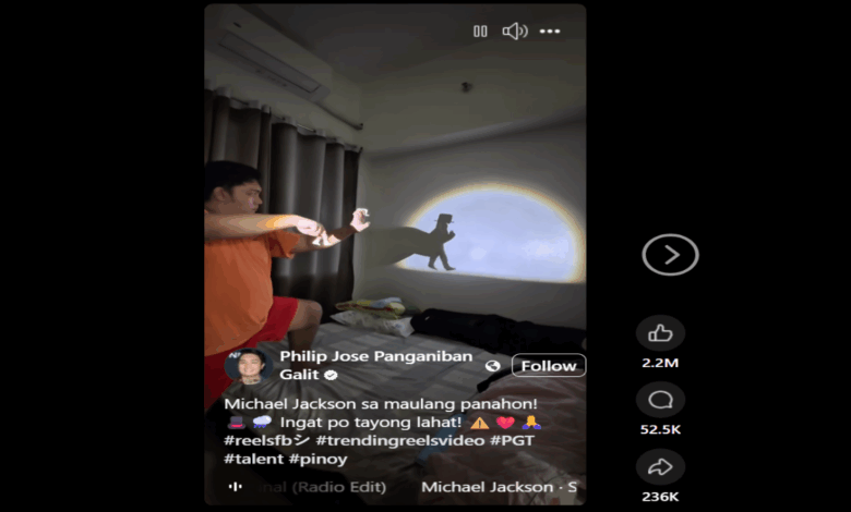 Shadow puppet artist Philip Jose Panganiban Galit performing Michael Jackson’s “Smooth Criminal” with creative hand silhouettes.