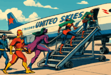 Vivid illustration of superhero characters with imaginative costumes at the gate for a United Skies flight to the UK.