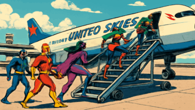 Vivid illustration of superhero characters with imaginative costumes at the gate for a United Skies flight to the UK.
