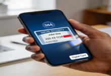 Person holding a smartphone displaying a digital Social Security card in a government office.