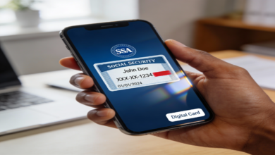 Person holding a smartphone displaying a digital Social Security card in a government office.