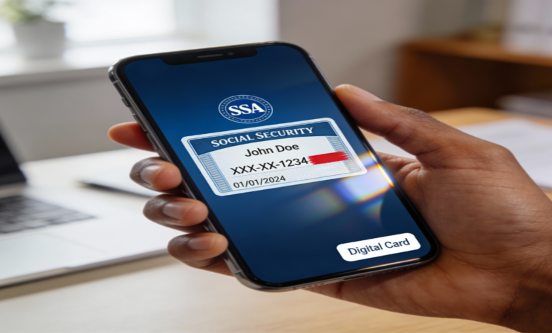 Person holding a smartphone displaying a digital Social Security card in a government office.