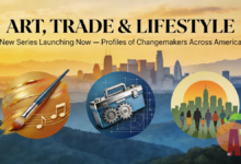 Promotional graphic for A.T.L. N.E.W.S. "Art, Trade & Lifestyle" series launch featuring Atlanta skyline at golden hour with icons representing Art (paintbrush and musical notes), Trade (toolbox and gears), and Lifestyle (diverse community under rising sun), plus series title and subtitle.