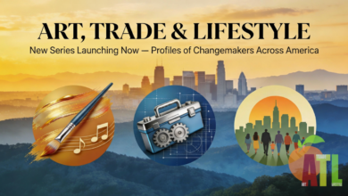 Promotional graphic for A.T.L. N.E.W.S. "Art, Trade & Lifestyle" series launch featuring Atlanta skyline at golden hour with icons representing Art (paintbrush and musical notes), Trade (toolbox and gears), and Lifestyle (diverse community under rising sun), plus series title and subtitle.