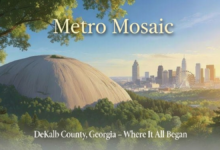 Illustrated landscape showing Stone Mountain in the foreground with dense green trees, the Atlanta skyline and a large Ferris wheel in the distance at sunset, with the title “Metro Mosaic” at top and the caption “DeKalb County, Georgia – Where It All Began” at bottom.