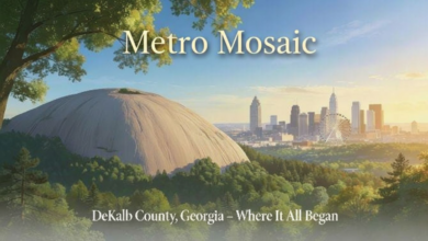 Illustrated landscape showing Stone Mountain in the foreground with dense green trees, the Atlanta skyline and a large Ferris wheel in the distance at sunset, with the title “Metro Mosaic” at top and the caption “DeKalb County, Georgia – Where It All Began” at bottom.