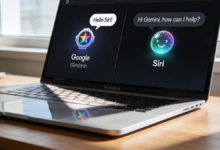 Apple laptop with AI assistants Siri and Gemini