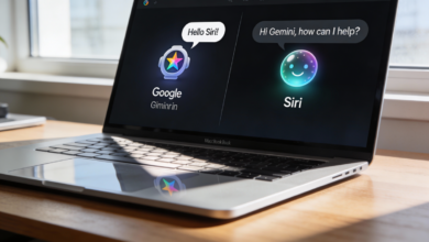 Apple laptop with AI assistants Siri and Gemini