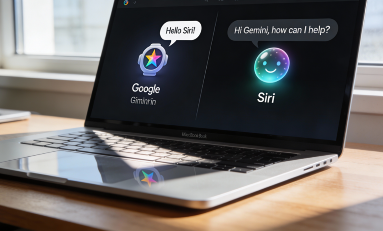 Apple laptop with AI assistants Siri and Gemini