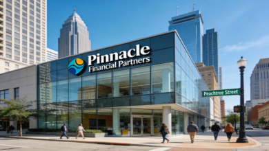 Realistic photo of a modern Pinnacle Financial Partners bank branch on Peachtree Street in downtown Atlanta, featuring a sleek glass facade with prominent signage, subtle Synovus merger elements, bustling pedestrians, street sign, and the city skyline under bright blue skies. (see the generated image above)