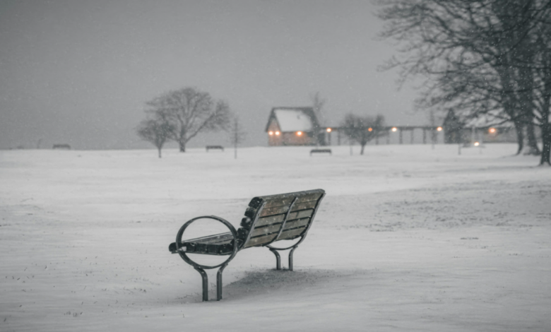 Snow-covered park bench in quiet winter landscape during Winter Storm Fern Atlanta, January 26, 2026—evoking empty streets and MARTA transit suspension amid ice and isolation