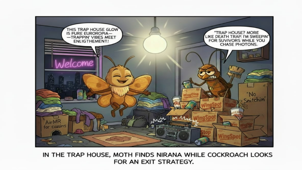 Moth and Cockroach in a trap house