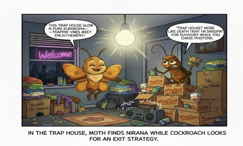Moth and Cockroach in a trap house