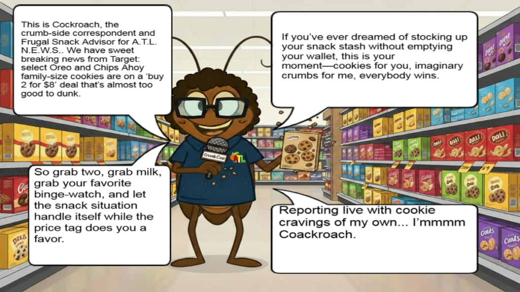 Cockroach character from Moth and Cockroach comic strip browsing cookies in a colorful grocery store