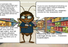 Cockroach character from Moth and Cockroach comic strip browsing cookies in a colorful grocery store