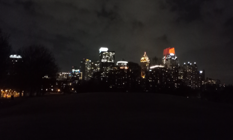 Atlanta skyline at night with illuminated downtown buildings