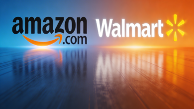 Logos of Amazon and Walmart