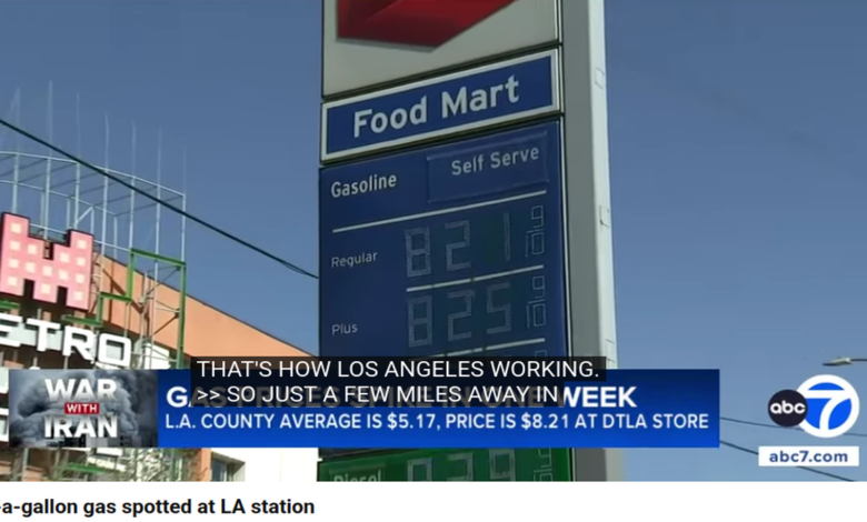Gas station sign displaying gas for $8.21