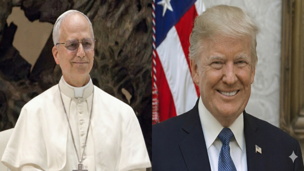 A composite image with two panels: on the left, a formal portrait of Pope Leo XIV smiling; on the right, a formal portrait of President Donald Trump smiling with an American flag background.