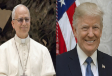 A composite image with two panels: on the left, a formal portrait of Pope Leo XIV smiling; on the right, a formal portrait of President Donald Trump smiling with an American flag background.