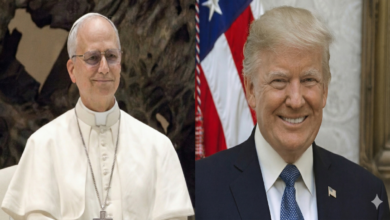 A composite image with two panels: on the left, a formal portrait of Pope Leo XIV smiling; on the right, a formal portrait of President Donald Trump smiling with an American flag background.