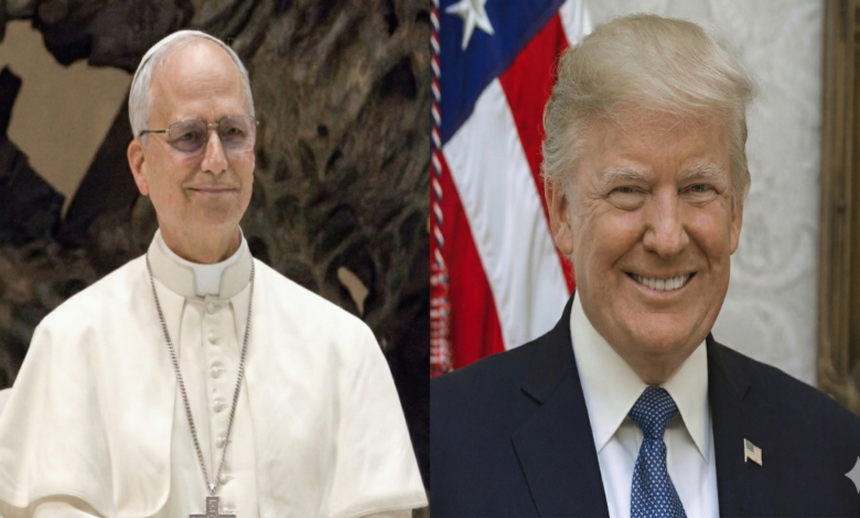 A composite image with two panels: on the left, a formal portrait of Pope Leo XIV smiling; on the right, a formal portrait of President Donald Trump smiling with an American flag background.