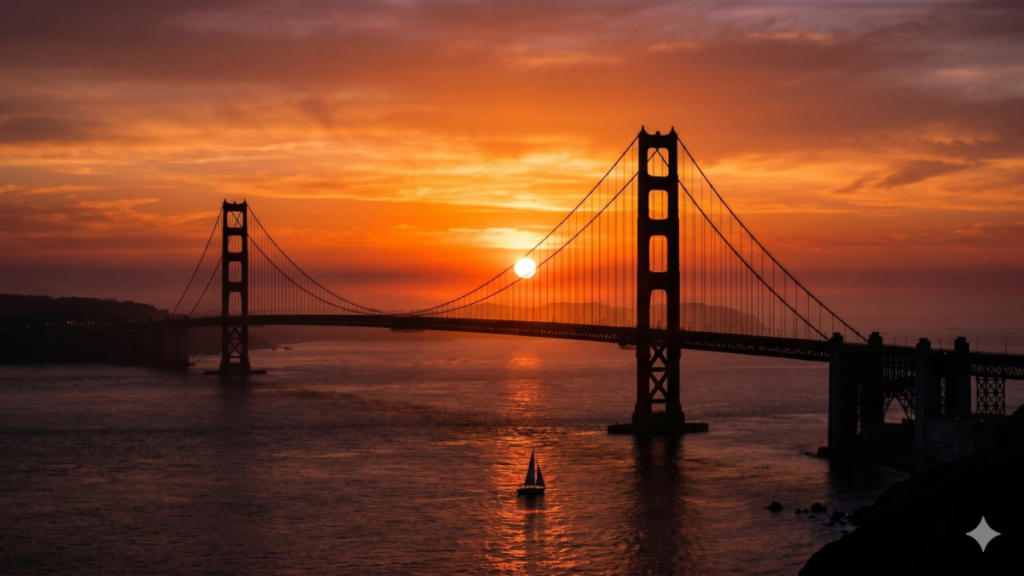 The sun setting behind the Golden Gate Bridge