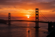 The sun setting behind the Golden Gate Bridge