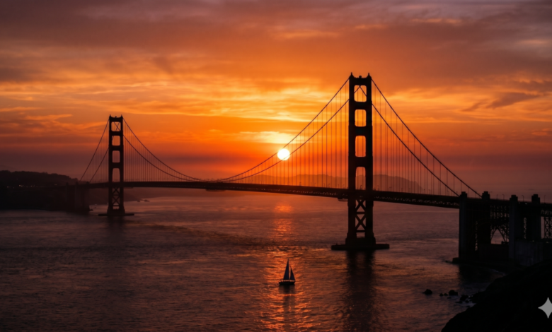 The sun setting behind the Golden Gate Bridge