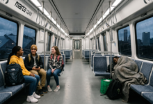 An eye-level, wide-angle journalistic photograph looking down the center aisle of a modern MARTA CQ400 train car at dusk. On the left, three high school teenagers with backpacks are seated together, talking and laughing. On the right side, further down the aisle, an unhoused man rests quietly, curled up under a heavy gray blanket. Large windows on both sides reveal a rain-streaked, dark Atlanta skyline and the Mercedes-Benz Stadium in the background.