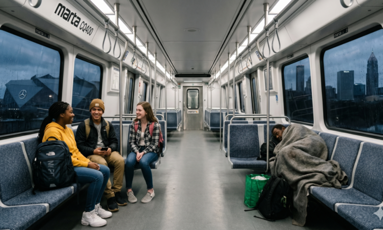 An eye-level, wide-angle journalistic photograph looking down the center aisle of a modern MARTA CQ400 train car at dusk. On the left, three high school teenagers with backpacks are seated together, talking and laughing. On the right side, further down the aisle, an unhoused man rests quietly, curled up under a heavy gray blanket. Large windows on both sides reveal a rain-streaked, dark Atlanta skyline and the Mercedes-Benz Stadium in the background.