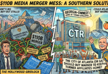 A split-screen, editorial cartoon-style illustration highlighting a media merger comparison. On the left side, labeled "The Hollywood Gridlock," a distressed suit-wearing executive is tangled in green vines amidst floating legal papers, with a mountain marked "Paramount" and chained boulders labeled "Warner Bros. Discovery," "$110B Merger," "Antitrust Lawsuits," "Regulatory Hurdles," and "Ticking Fees $$" set against a hazy city skyline. On the right side, labeled "Could Atlanta Just Buy Warner Back?", a bright and sunny scene depicts "The CTR" building in downtown Atlanta with a peach, the Mercedes-Benz Stadium, and Georgia State Capitol in the background. In the foreground, a caricatured figure representing Ted Turner holds a Warner Bros. shield trophy while a crowd celebrates with a banner reading, "The City of Atlanta (or GA) Should Buy Warner to Keep Its Turner Affiliates Home!"
