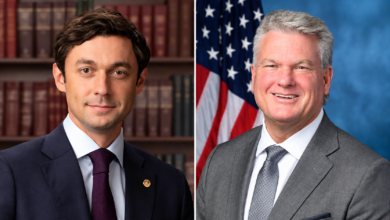Side-by-side portraits of Democratic Senator Jon Ossoff and Republican Congressman Mike Collins ahead of their October 8, 2026, Georgia Senate debate.