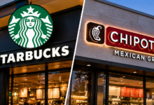 Starbucks and Chipotle Mexican Grill logos displayed side by side for a report on a potential takeover.