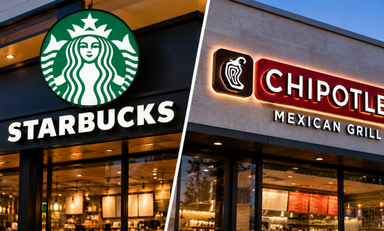 Starbucks and Chipotle Mexican Grill logos displayed side by side for a report on a potential takeover.