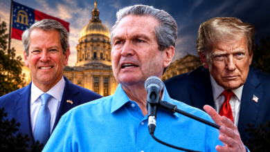 Rick Jackson pictured between Georgia Gov. Brian Kemp and President Donald Trump in an editorial illustration about the Georgia governor’s race.
