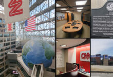 Turner Broadcasting Atlanta collage featuring CNN Center, CNN offices and the former Turner Field near Hank Aaron Drive.