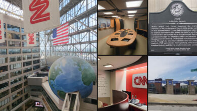 Turner Broadcasting Atlanta collage featuring CNN Center, CNN offices and the former Turner Field near Hank Aaron Drive.