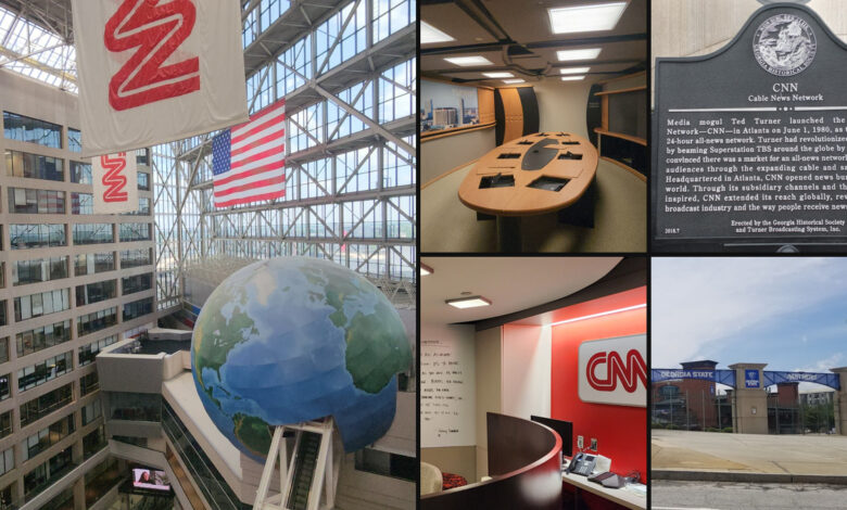 Turner Broadcasting Atlanta collage featuring CNN Center, CNN offices and the former Turner Field near Hank Aaron Drive.