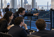 Wall Street financial analysts reviewing technology stock performance, market charts and investment data on trading screens.