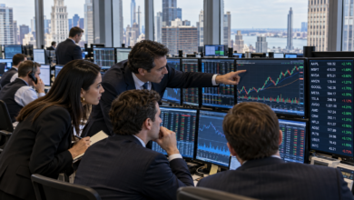 Wall Street financial analysts reviewing technology stock performance, market charts and investment data on trading screens.