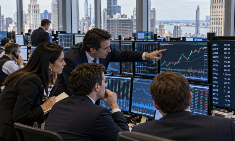 Wall Street financial analysts reviewing technology stock performance, market charts and investment data on trading screens.